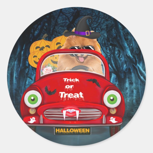 Pomeranian Dog Driving Car Scary Halloween Classic Round Sticker (Front)