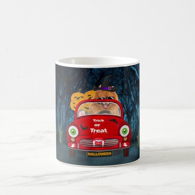 Pomeranian Dog Driving Car Scary Halloween Coffee Mug (Center)
