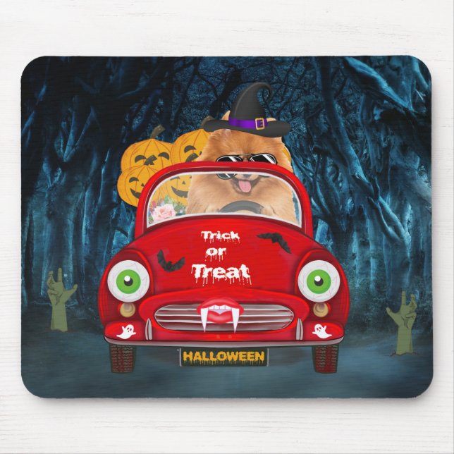 Pomeranian Dog Driving Car Scary Halloween Mouse Mat (Front)