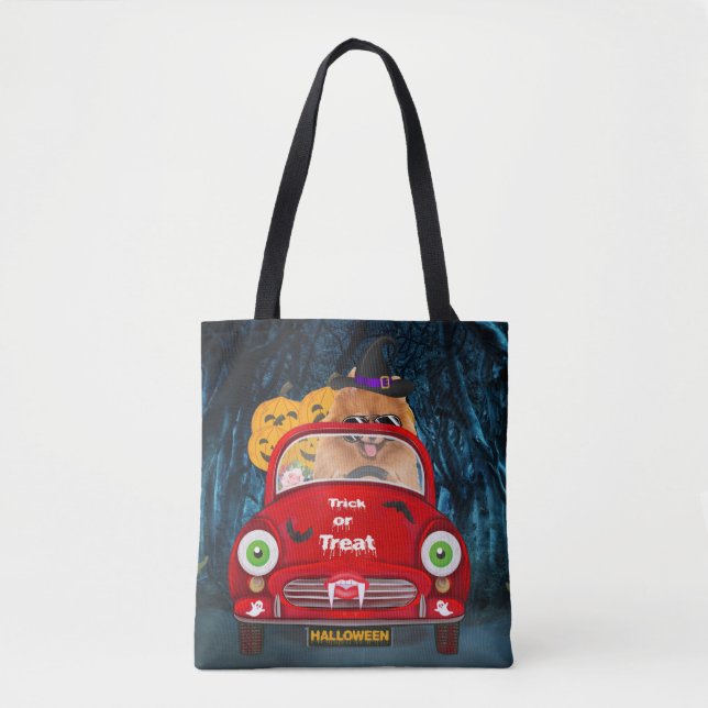 Pomeranian Dog Driving Car Scary Halloween Tote Bag (Front)
