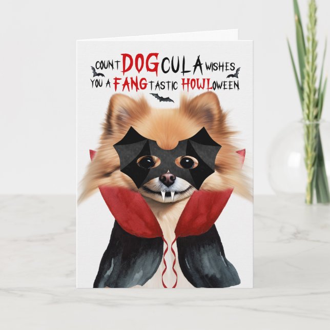 Pomeranian Dog Funny Count DOGcula Halloween Holiday Card (Front)