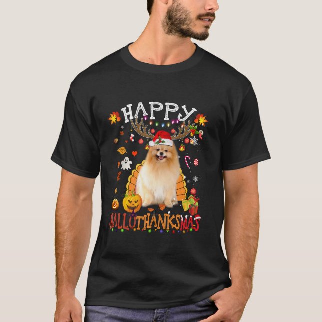 Pomeranian Dog Halloween Christmas Dog Happy Hallo T-Shirt (Front)