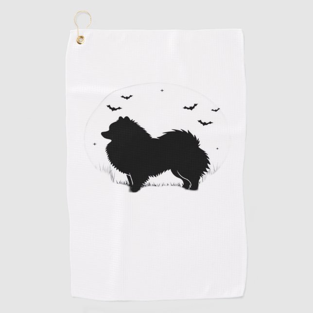 Pomeranian Dog – Halloween Moon Silhouette Classic Golf Towel (Front)