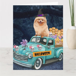Pomeranian Dog Halloween Truck Scary Night Card
