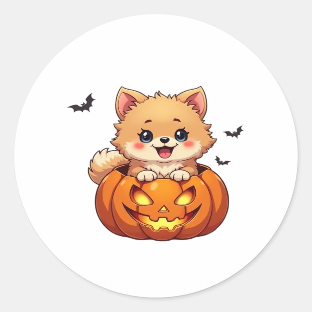 Pomeranian dog Happy Halloween pumpkin Classic T-S Classic Round Sticker (Front)