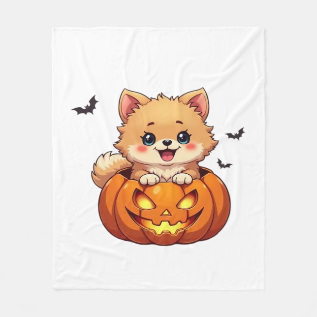 Pomeranian dog Happy Halloween pumpkin Classic T-S Fleece Blanket (Front)