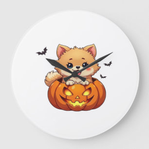 Pomeranian dog Happy Halloween pumpkin Classic T-S Large Clock