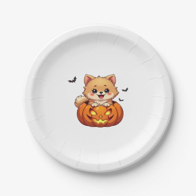 Pomeranian dog Happy Halloween pumpkin Classic T-S Paper Plate (Front)