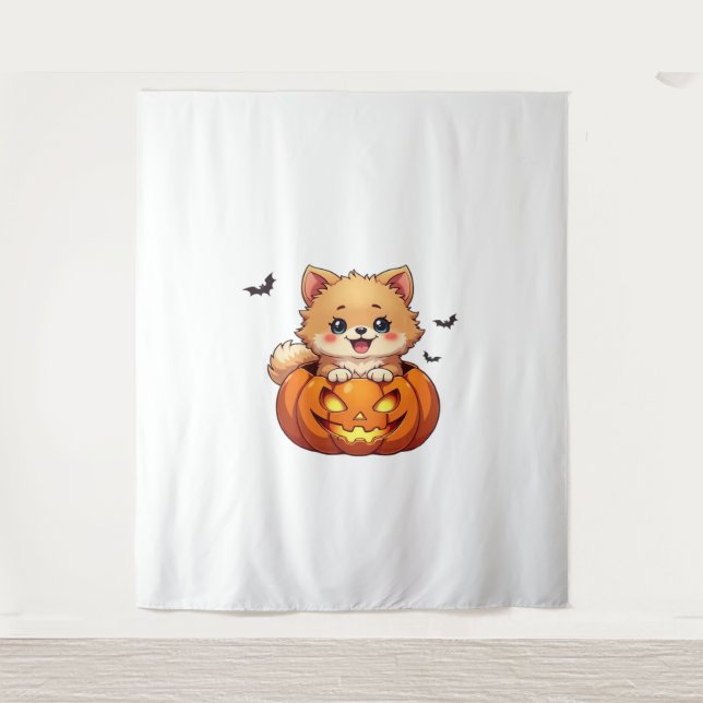 Pomeranian dog Happy Halloween pumpkin Classic T-S Tapestry (Front)