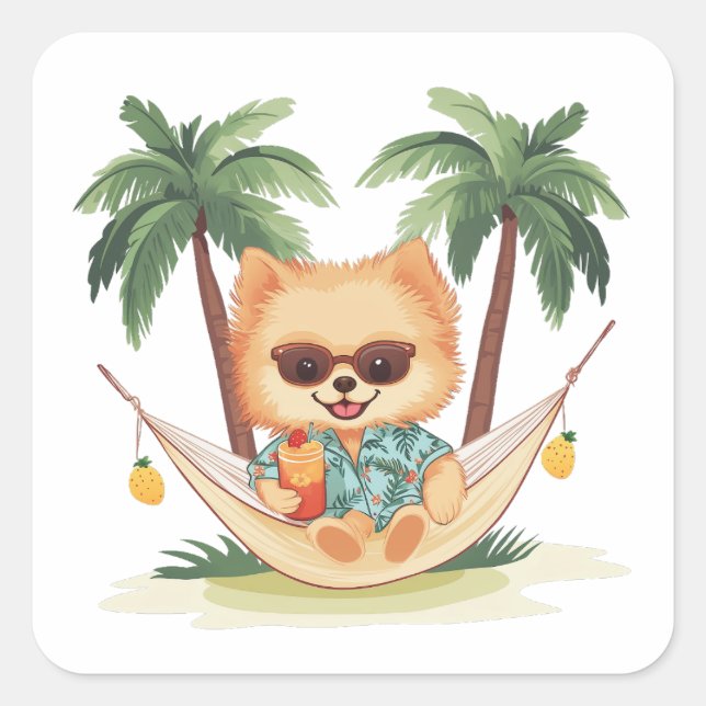 Pomeranian Dog In A Hammock Hawaiian Shirt Square Sticker (Front)