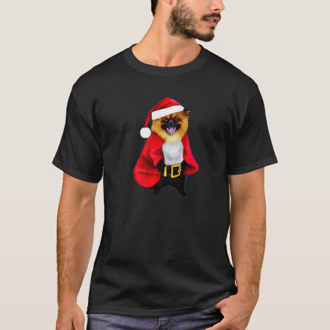 Pomeranian Dog in Christmas Costume  Santa Pet Hol T-Shirt (Front)