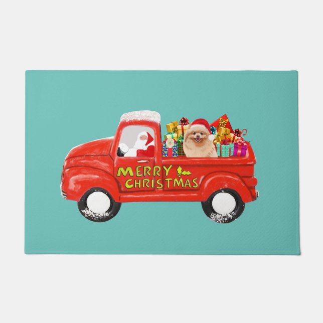 Pomeranian Dog in Christmas Delivery Truck Doormat (Front)