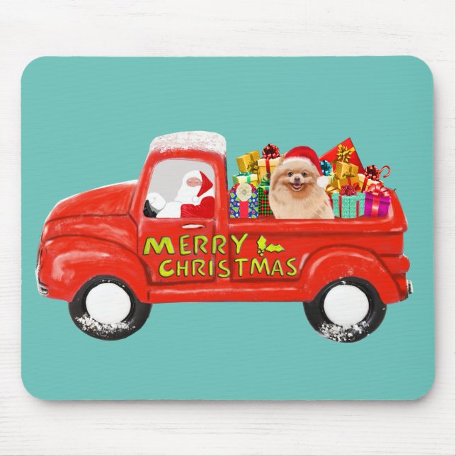 Pomeranian Dog in Christmas Delivery Truck Mouse Mat (Front)