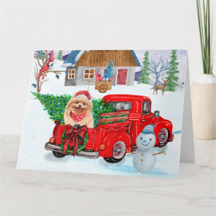 Pomeranian Dog In Christmas Delivery Truck Snow  Card