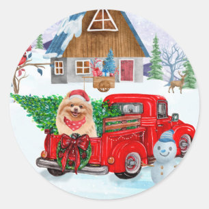 Pomeranian Dog In Christmas Delivery Truck Snow  Classic Round Sticker