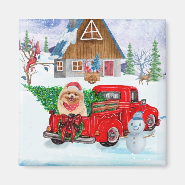 Pomeranian Dog In Christmas Delivery Truck Snow Magnet (Front)