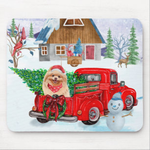Pomeranian Dog In Christmas Delivery Truck Snow Mouse Mat
