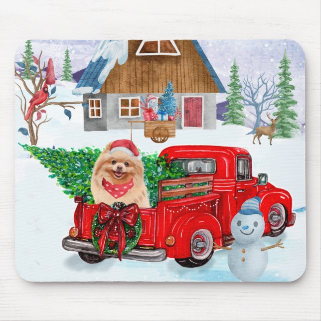 Pomeranian Dog In Christmas Delivery Truck Snow  Mouse Mat (Front)