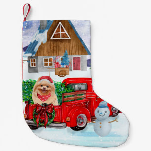 Pomeranian Dog In Christmas Delivery Truck Snow Small Christmas Stocking