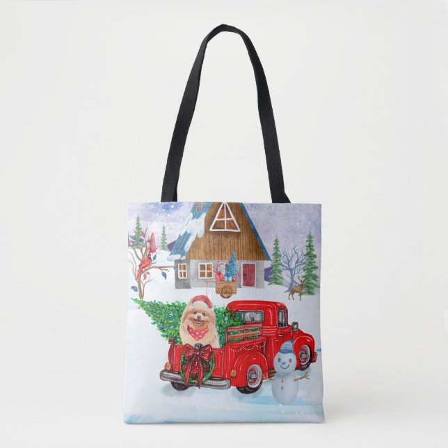 Pomeranian Dog In Christmas Delivery Truck Snow Tote Bag (Front)