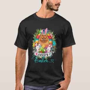 Pomeranian Dog In Easter Eggs Basket Bunnies Happy T-Shirt