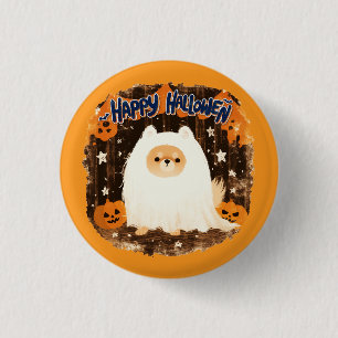 Pomeranian Dog in Ghost Costume – Happy Halloween 3 Cm Round Badge