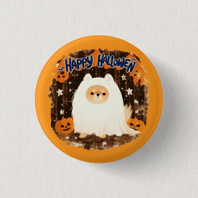 Pomeranian Dog in Ghost Costume – Happy Halloween 3 Cm Round Badge (Front)