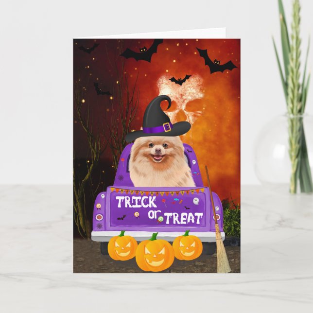 Pomeranian Dog in Halloween Truck Card (Front)