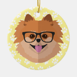 Pomeranian Dog In Nerd Glasses   Cute Hipster Gift Ceramic Tree Decoration