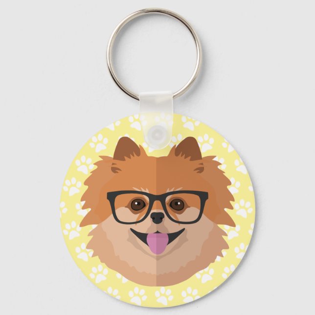 Pomeranian Dog In Nerd Glasses | Cute Hipster Gift Key Ring (Front)