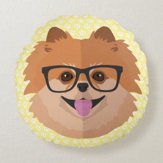 Pomeranian Dog In Nerd Glasses | Cute Hipster Gift Round Cushion