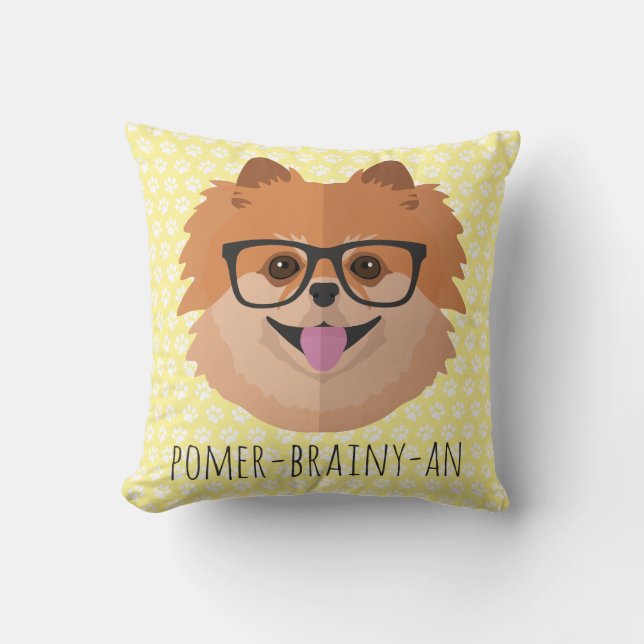Pomeranian Dog In Nerd Glasses | POMER-BRAINY-AN Cushion (Front)