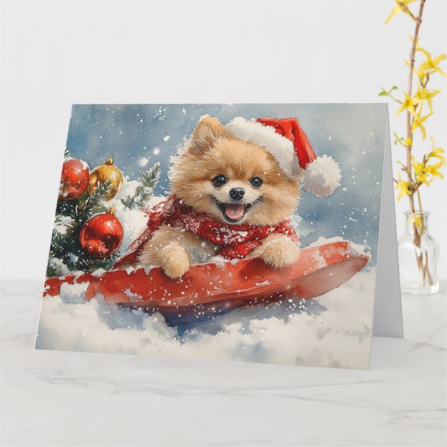 Pomeranian Dog in Sledge Let it Snow Christmas Card (Yellow Flower)