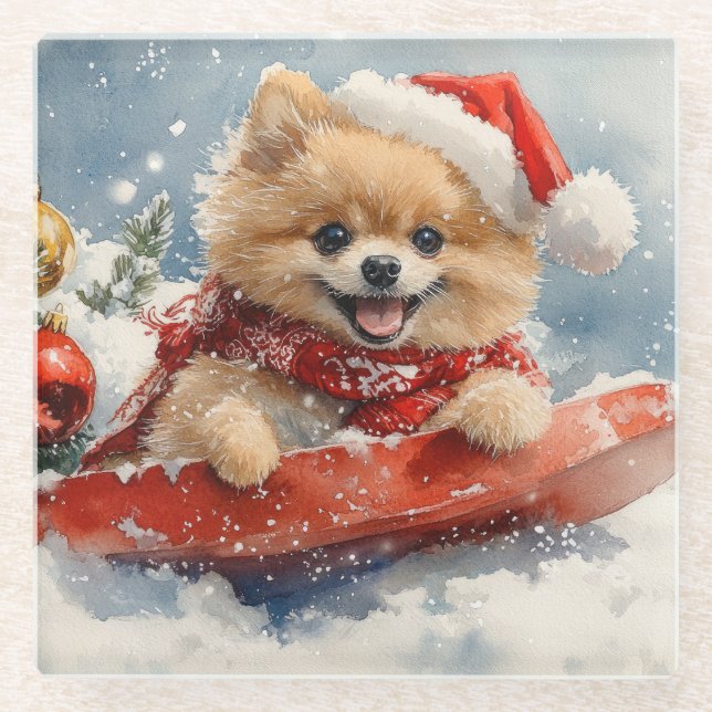 Pomeranian Dog in Sledge Let it Snow Christmas Glass Coaster (Front)