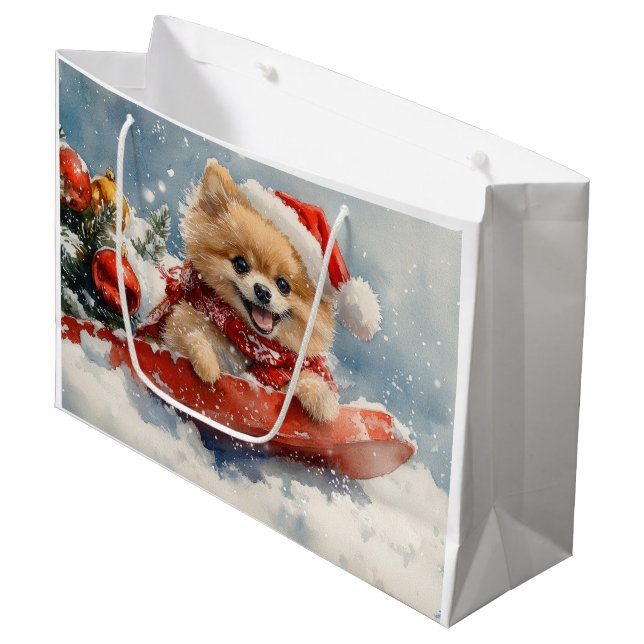Pomeranian Dog in Sledge Let it Snow Christmas Large Gift Bag (Front Angled)