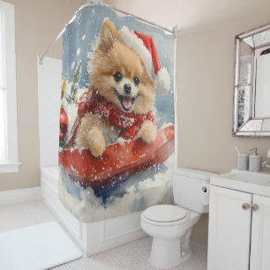 Pomeranian Dog in Sledge Let it Snow Christmas Shower Curtain