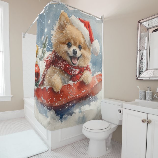 Pomeranian Dog in Sledge Let it Snow Christmas Shower Curtain (In Situ)
