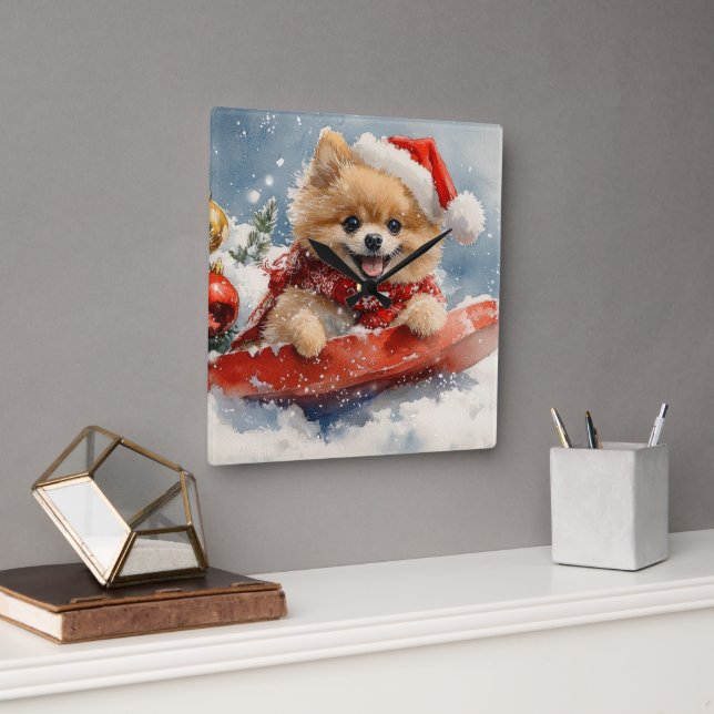 Pomeranian Dog in Sledge Let it Snow Christmas Square Wall Clock (Office)