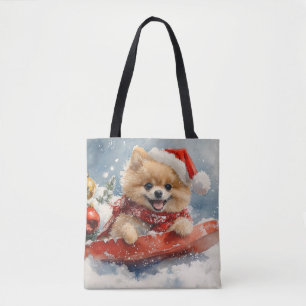 Pomeranian Dog in Sledge Let it Snow Christmas Tote Bag
