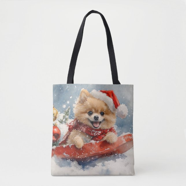 Pomeranian Dog in Sledge Let it Snow Christmas Tote Bag (Front)