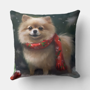 Pomeranian Dog in Snow Christmas Cushion
