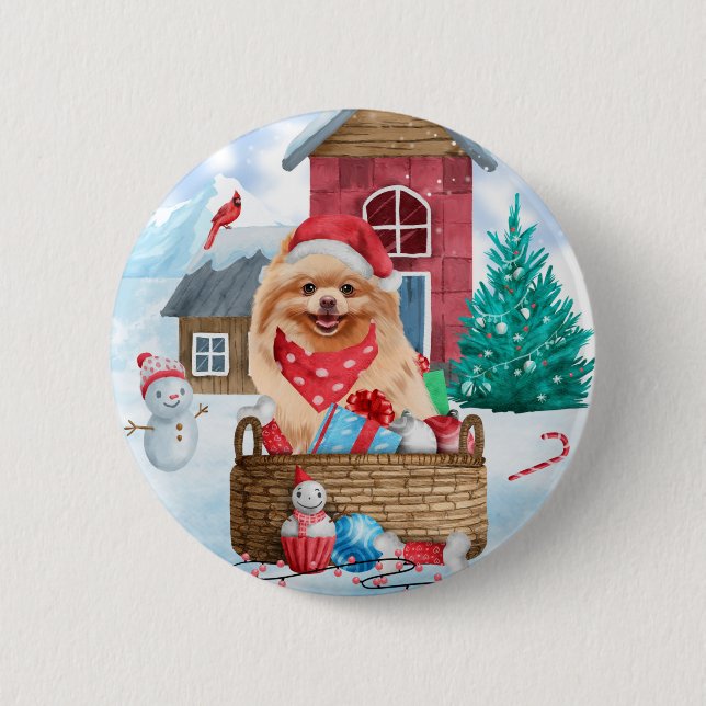 Pomeranian Dog In snow Christmas Dog House  6 Cm Round Badge (Front)