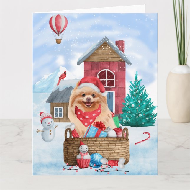 Pomeranian Dog In snow Christmas Dog House Card (Front)