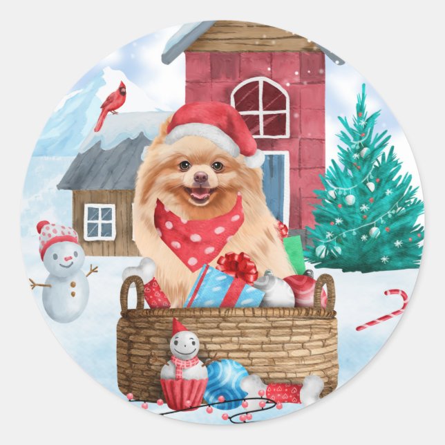 Pomeranian Dog In snow Christmas Dog House  Classic Round Sticker (Front)