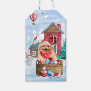 Pomeranian Dog In snow Christmas Dog House  Gift Tags
