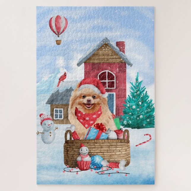 Pomeranian Dog In snow Christmas Dog House Jigsaw Puzzle (Vertical)