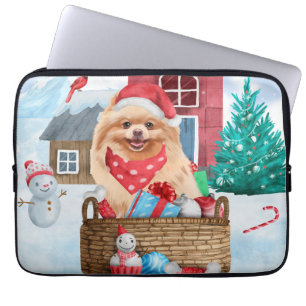Pomeranian Dog In snow Christmas Dog House Laptop Sleeve