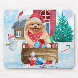 Pomeranian Dog In snow Christmas Dog House Mouse Mat