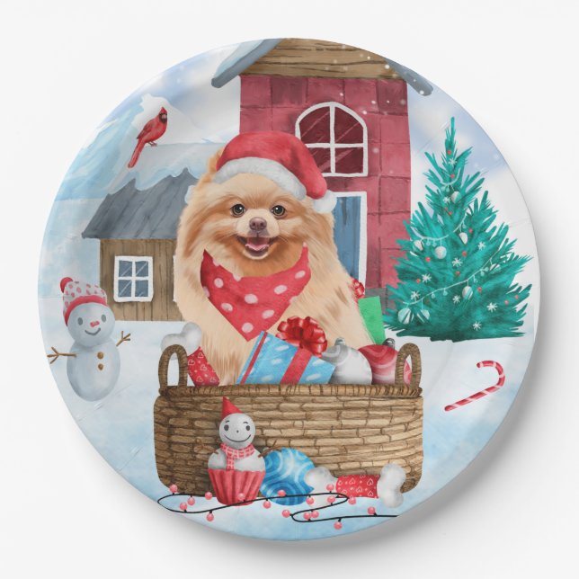 Pomeranian Dog In snow Christmas Dog House Paper Plate (Front)