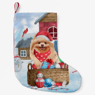 Pomeranian Dog In snow Christmas Dog House  Small Christmas Stocking